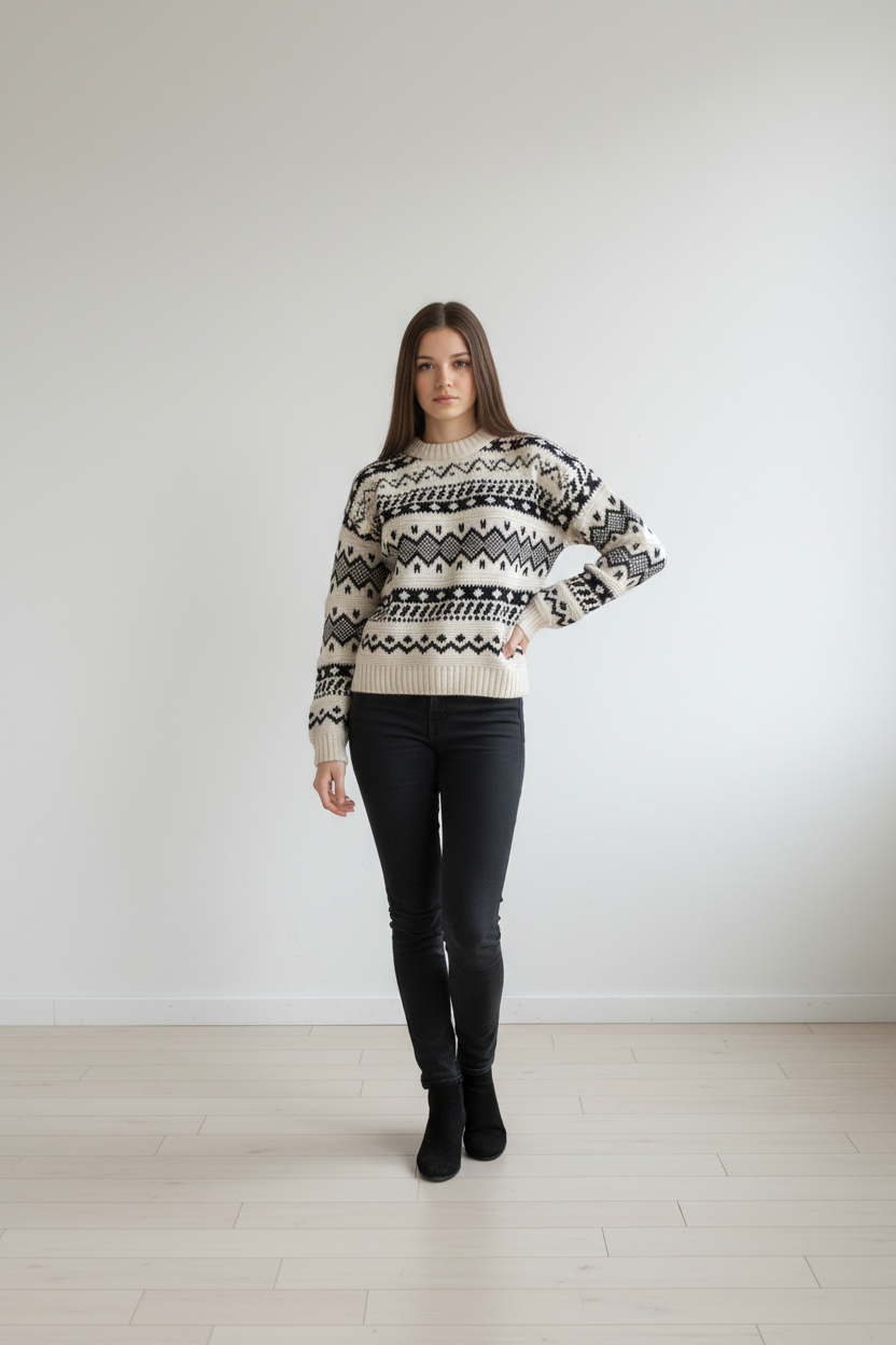 Pull maille nordique écru & noir - S