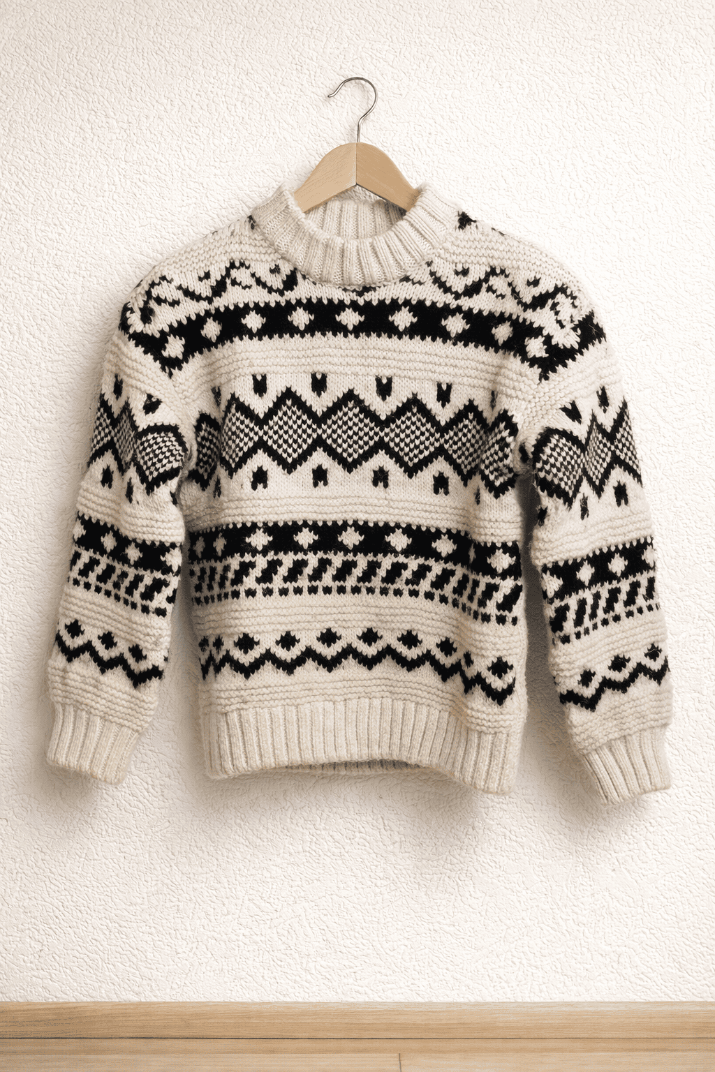 Pull maille nordique écru & noir - S